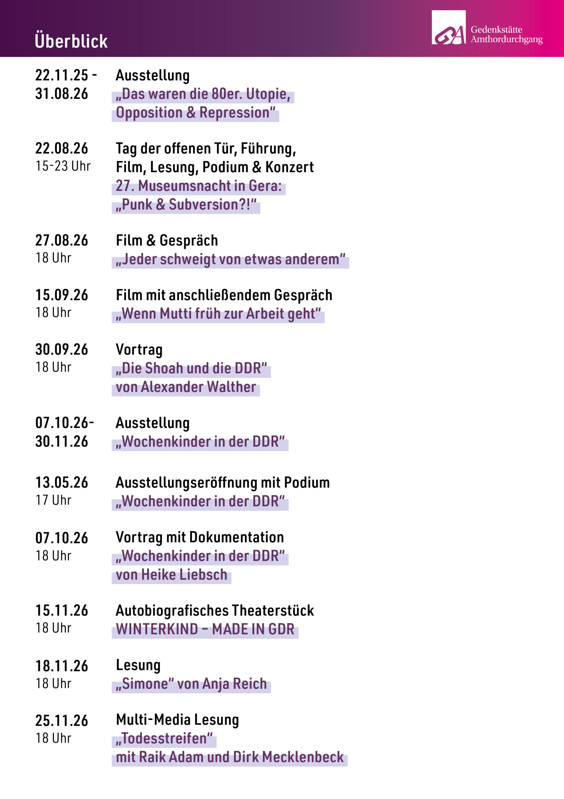 Veranstaltungen der Gedenkstätte Amthordurchgang im 2. Halbjahr 2026 von Juli-Dezember